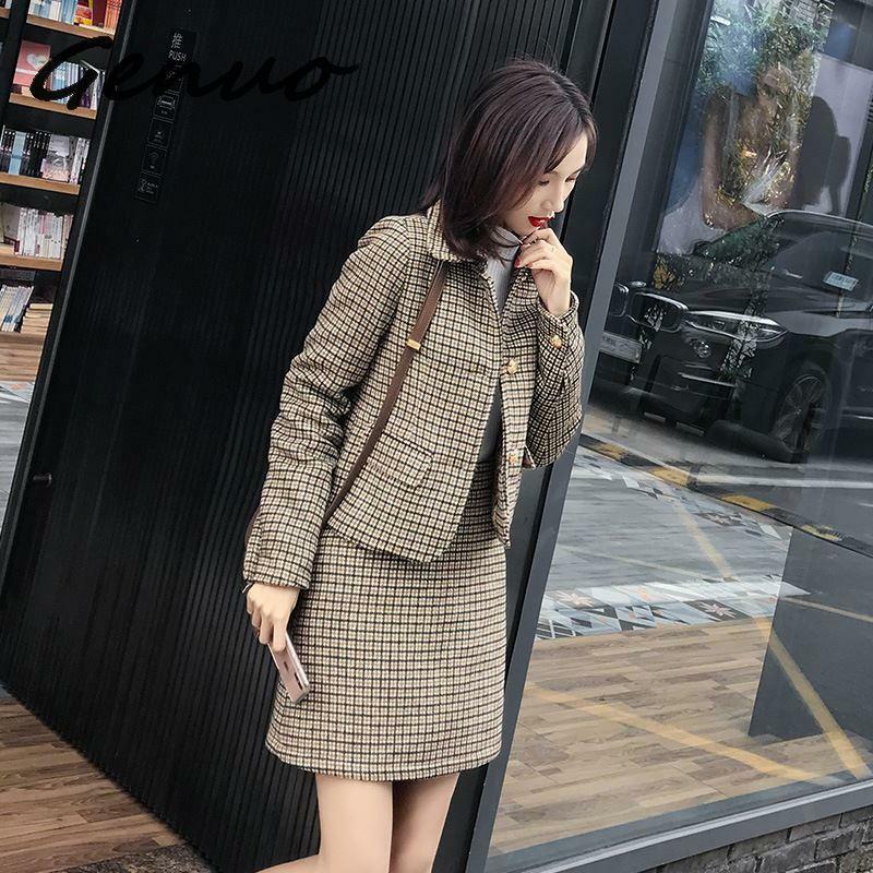 Genuino-Conjunto de dos piezas de lana a cuadros para mujer, traje de falda estilo Hepburn, Blazer de moda coreana, novedad de otoño e invierno, 2019