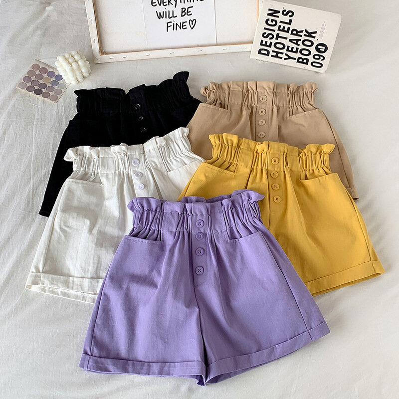Pantalones cortos elegantes de cintura alta para mujer, Shorts informales de pierna ancha, holgados de algodón con cinturón, estilo coreano, 2023