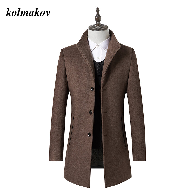 KOLMAKOV New Arrival Style Men Business Casual Woolen Coat Dress Turn-down Colllar Single Breasted Solid Men's Trench Wool Coat