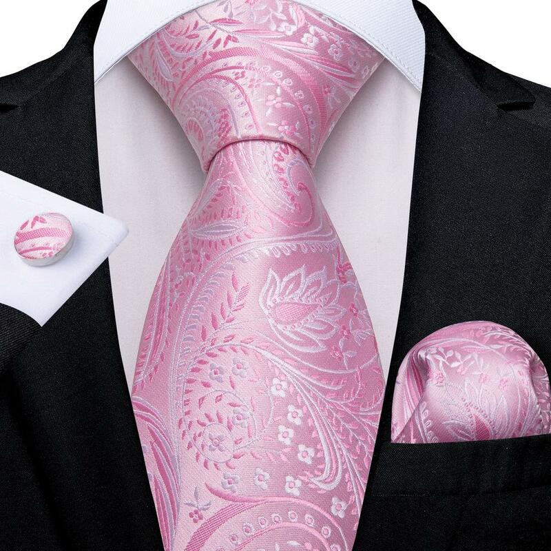 Hi-Tie Rose Peach สีชมพู Paisley ผ้าไหมแต่งงาน Tie แฟชั่นออกแบบเนคไทผู้ชายคุณภาพ Hanky Cufflink ธุรกิจ