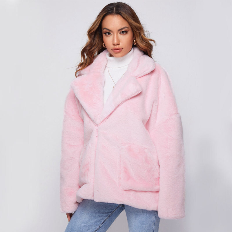 Abrigo de piel sintética para mujer, chaqueta cómoda de felpa cálida y esponjosa, abrigo de manga larga con solapa, Otoño e Invierno