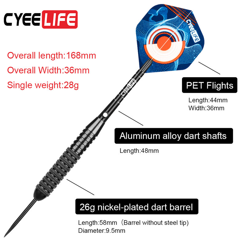 CyeeLife-dardos de punta de acero de 26 gramos con bolsa de dardos, vuelos Extra estándar y accesorio de plástico, juego de dardos Hourse, 3 paquetes