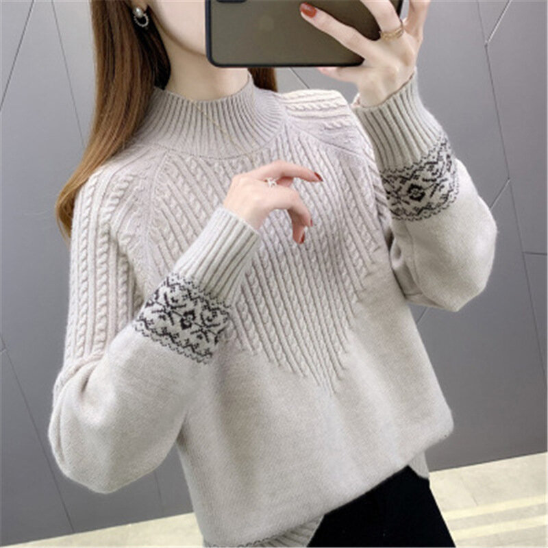 2023 Fashion New Autumn And Winter Loose Pullover Jacket With Half High Collar Western Twist Striped Knitted Sweater All-match