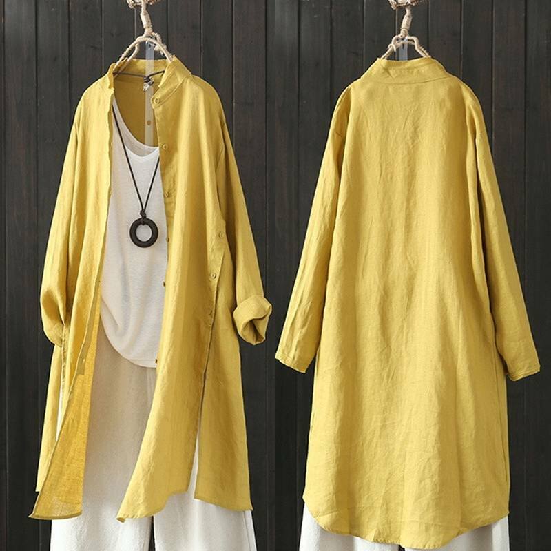 Однотонная Туника TopCasual, свободные блузы ZANZEA, Женская длинная рубашка с воротником-стойкой, осенняя хлопковая блузка на пуговицах с длинным рукавом