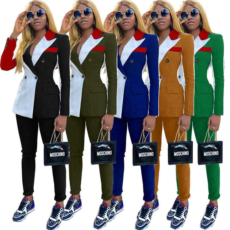 2020 New Spring Women’s Tracksuit Notched Full Sleeve Blazers Pants Suit Two Piece Casual Fashion Outfit Patchwork Color Uniform