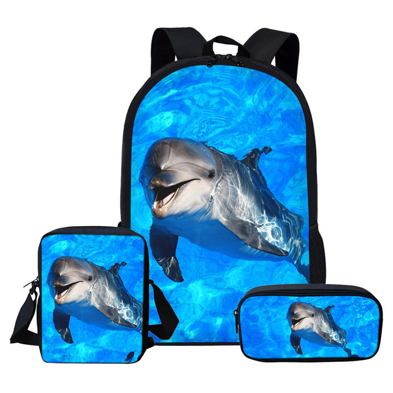 Sac à dos d'école imprimé dauphin pour femmes et adolescentes, 3 pièces/ensemble, sac à dos de voyage pour enfants