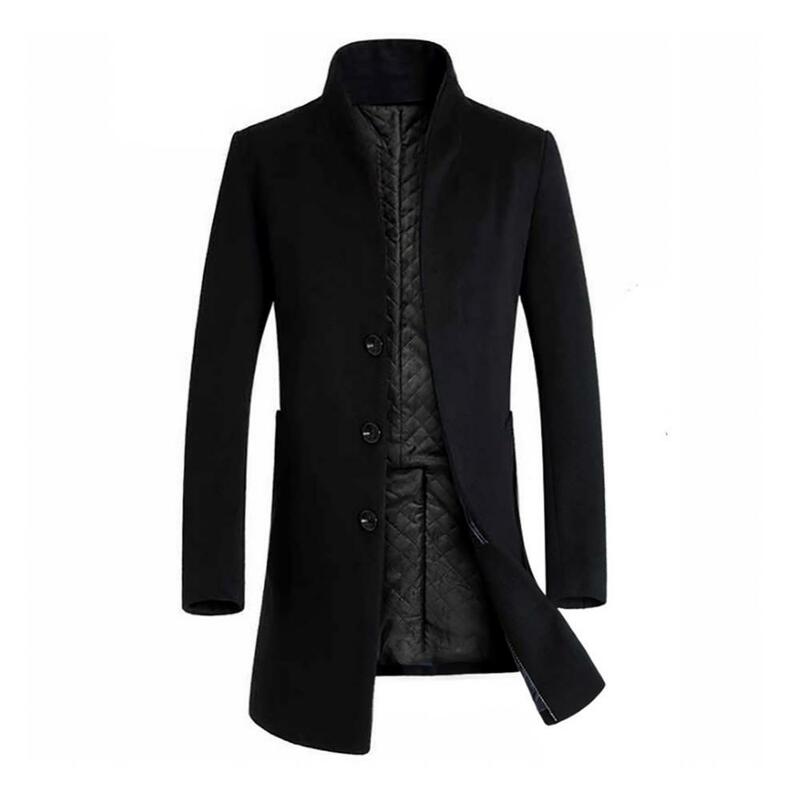 Novo casaco longo de lã de cor sólida, sobretudo para homens, roupa externa