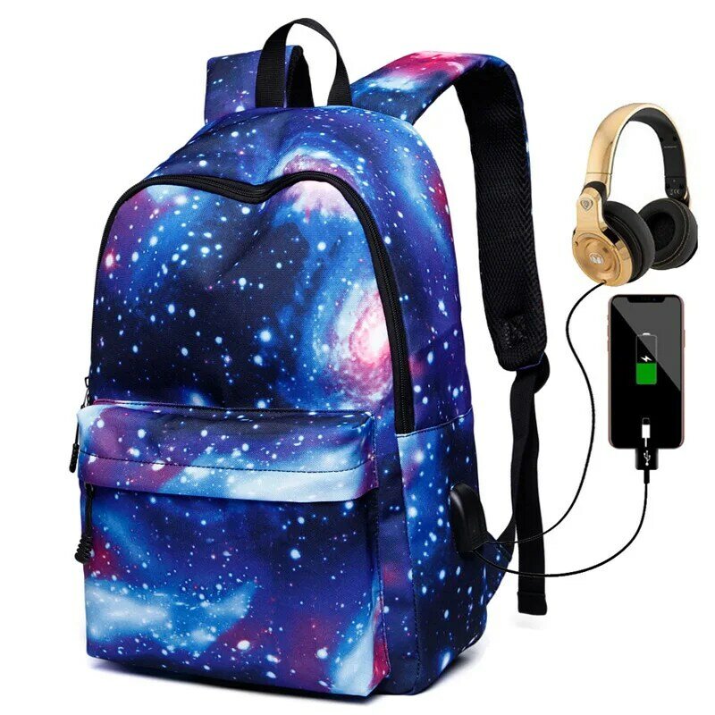 Mochila para hombre y mujer, mochila de cielo estrellado, carga USB, bolsa escolar para estudiantes de escuela media, deportes de montañismo, Coreano