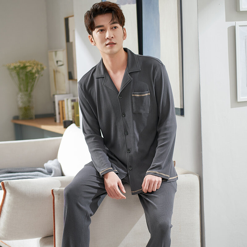 Pijama masculino de manga comprida, conjunto pijama de algodão macio modal para homens, roupa de dormir primavera 3xl