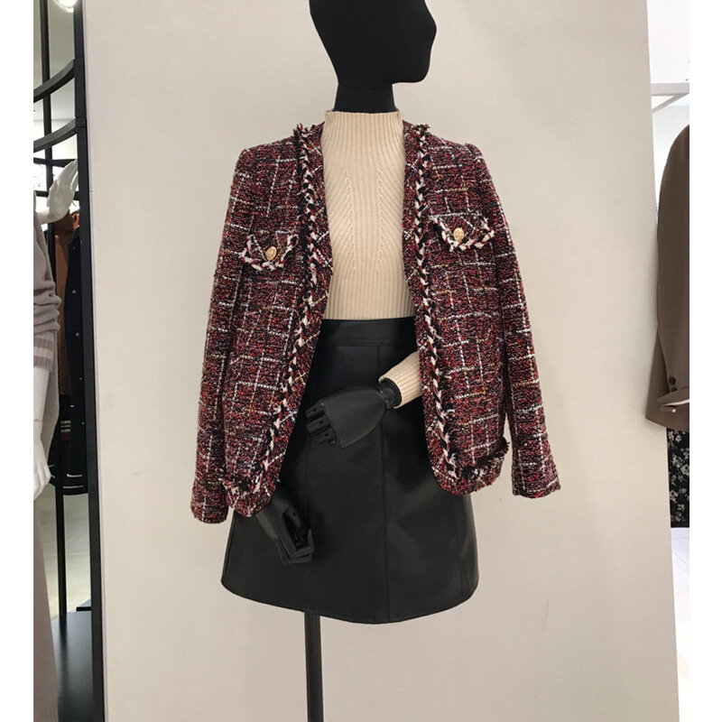 Abrigo de fragancia pequeño para mujer, primavera y otoño 2020, nuevo Tweed, enrejado, estilo de Hong Kong, traje pequeño informal