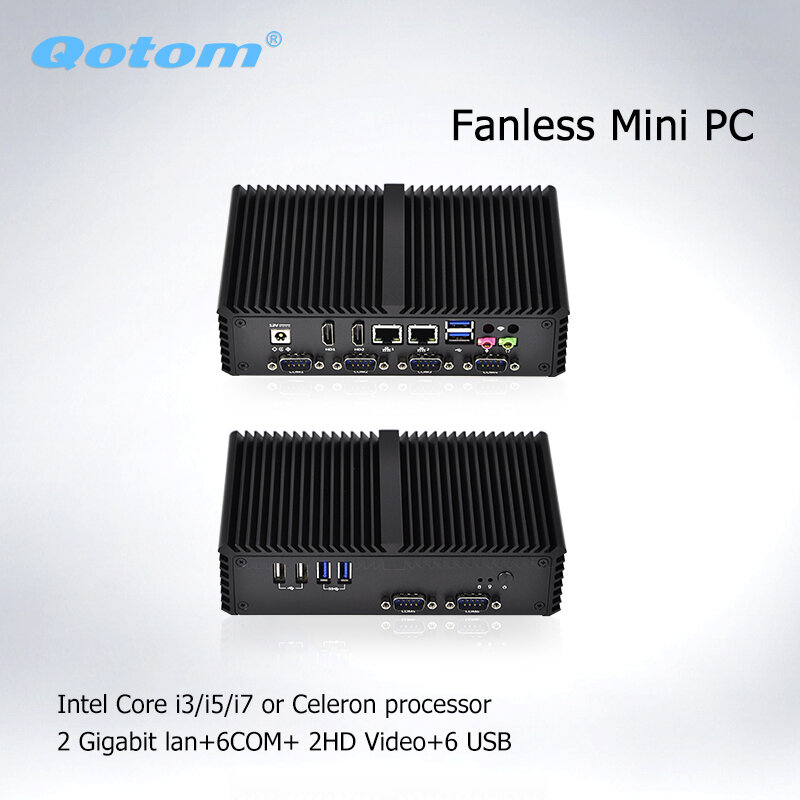 Qotom-Mini PC, procesador de doble núcleo, celeron i3, i5, i7, pantalla dual 6rs232, linux, Ubuntu, sin ventilador, Barebone, ordenador Industrial, Q350P