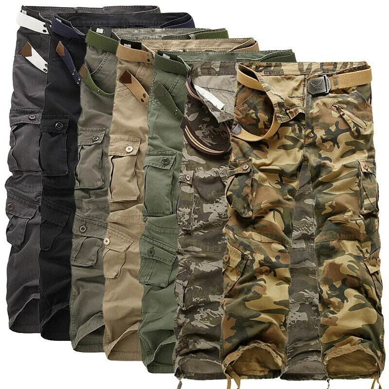 Männer Cargo Hosen Mens Casual Baumwolle Hose Feste männer Militär Hosen Overalls Multi Taschen Dekoration Plus Größe Ohne Gürtel