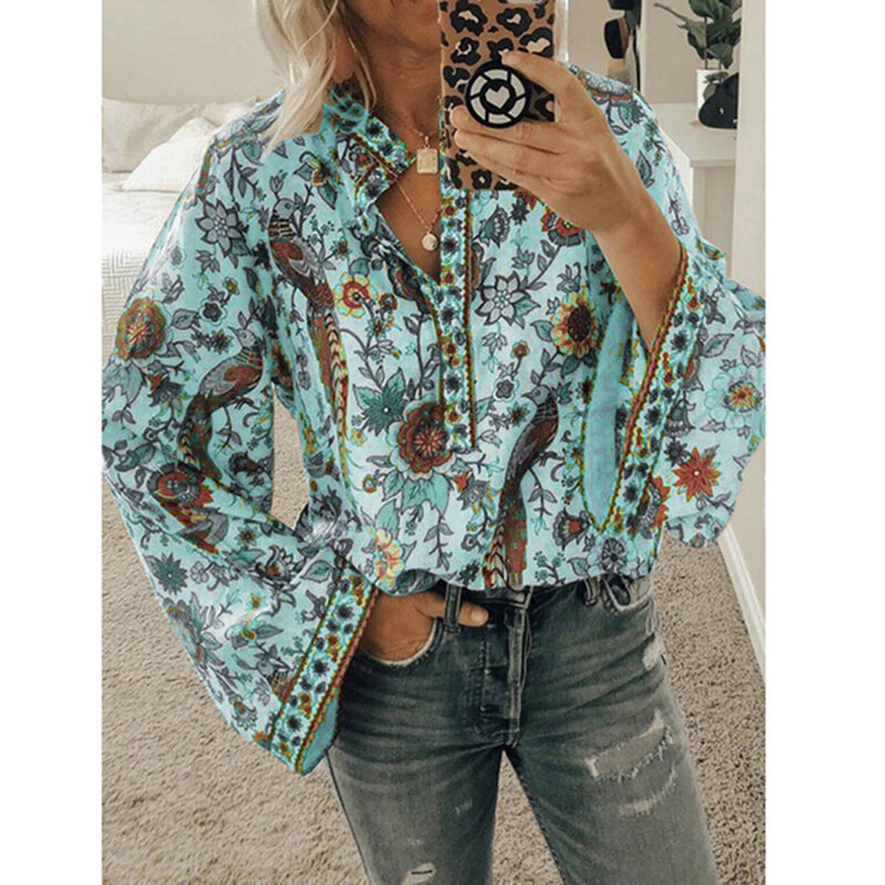 CINESSD-Blusas estampadas femininas, tops soltos casuais, com gola V, mangas compridas, botão, pulôver plus size, camisetas femininas, 2020