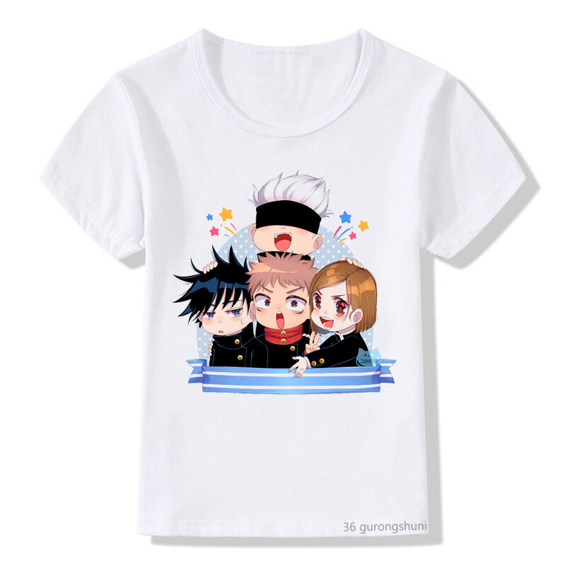 Novos meninos t-shirt anime jujutsu kaisen personagens dos desenhos animados impressão tshirt crianças roupas moda verão crianças tees branco camisa tops