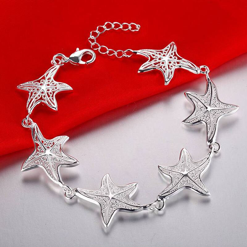 925 Jimat Bagus Bintang Bintang Ikan Berlapis Perak Gelang untuk Wanita Pernikahan Kualitas Tinggi Mode Perhiasan Hadiah Natal LH016