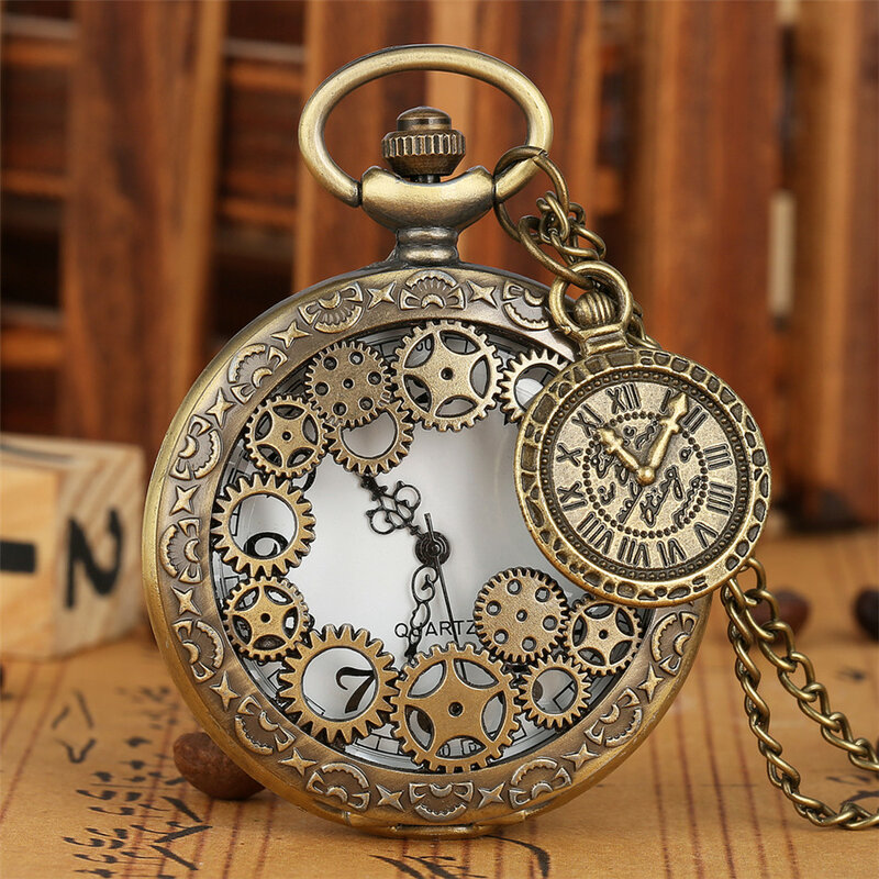 Holle Gearwheel Half Hunter Quartz Horloge Antieke Bronzen Ketting Horloge Met Hanger Sieraden Cadeau Voor Mannen Vrouwen Kinderen