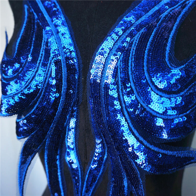 2PCS Royal Blue Gold Sequin Lace Fabric Embroidered Gown Appliques Noble Sexy Collar Sew Patches For Wedding Decor Dress DIY