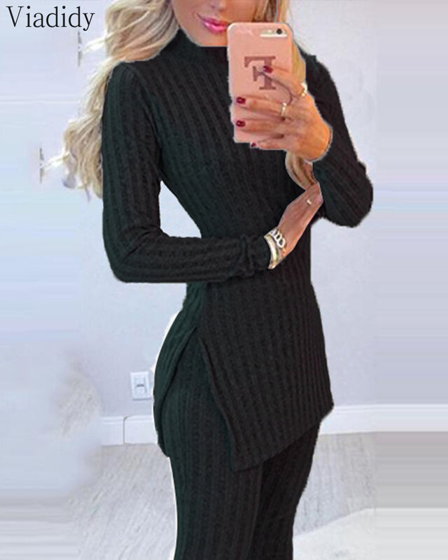 Women's Suit Casual Knit Beaded Side Slit Long Sleeve Top Sweater & Long Pants Set