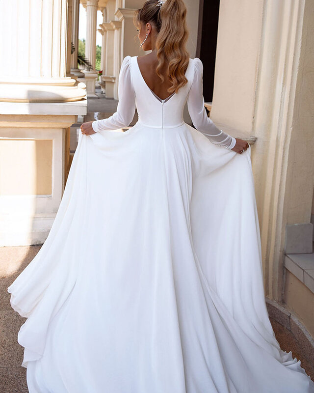 Elegancka suknia ślubna z dekoltem w serek z długimi rękawami proste suknie ślubne 2021 Backless suknia ślubna dla damska suknia De Mariee