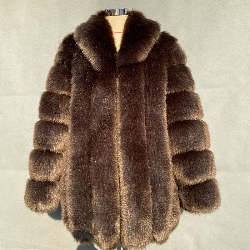 Super grosso inverno quente novo casaco de pele de raposa falso feminino imitação de pele de raposa outerwear falso pele mulher jaqueta moda luxo lapela