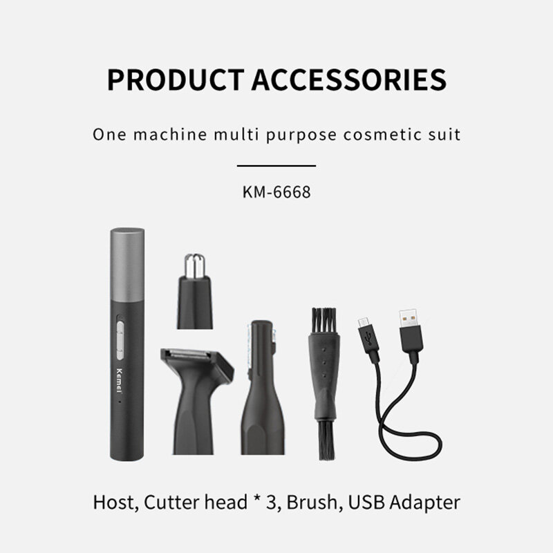 Kemei Portable Nose Ear Hair Trimmer Micro USB Charging 3-in-1 Eyebrow Beard Trimmer for Men and Women Pain-Free Lightweight