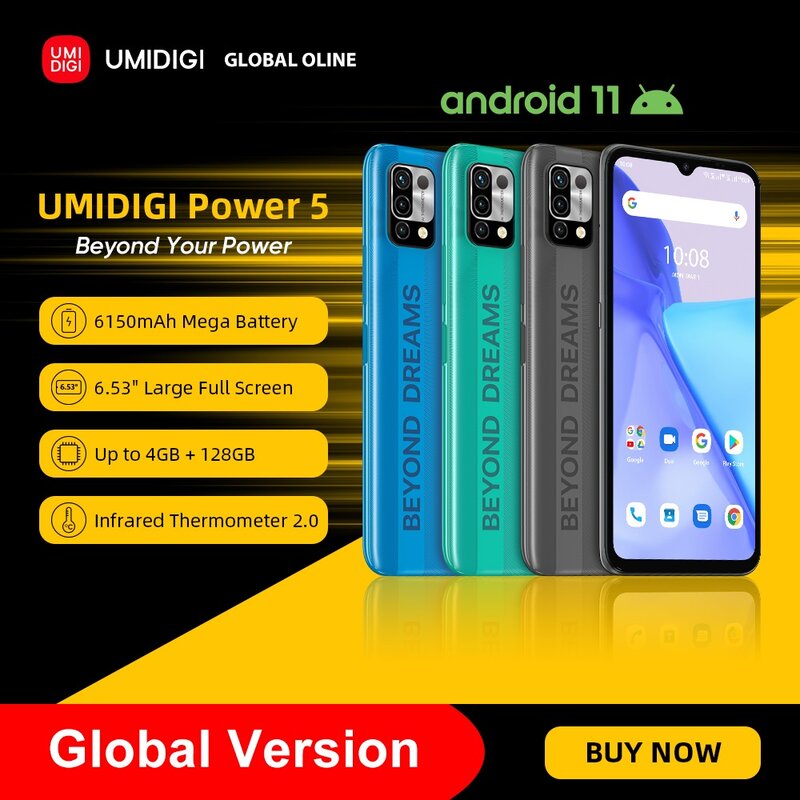 هاتف ذكي UMIDIGI-Power 5 الإصدار العالمي ، هاتف أندرويد 11 ، Helio G25 ، كاميرا ثلاثية 16 ميجابكسل AI ، بشاشة عرض كاملة