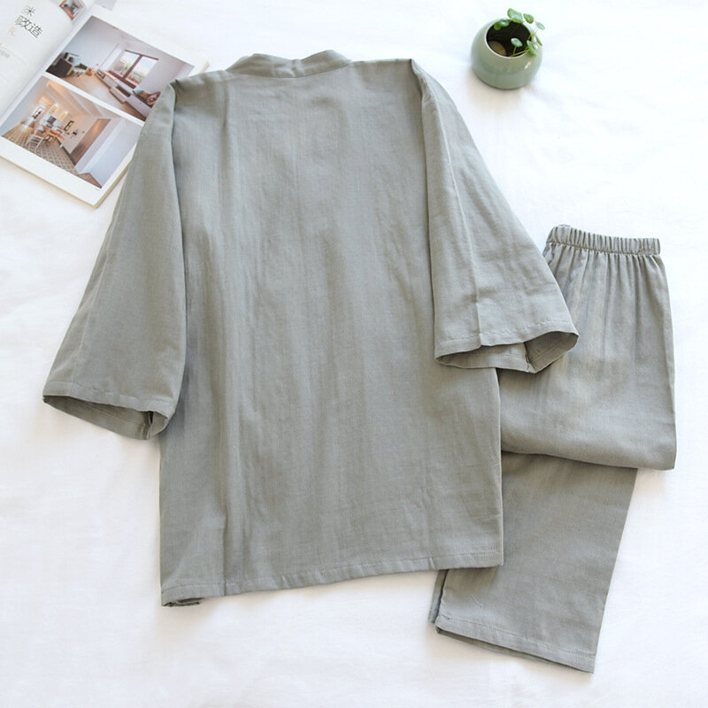 Pijama de quimono de duas peças masculino, 100% algodão, simples, tamanho grande, calças de manga de três quartos, conjunto de serviço doméstico, primavera e verão, 2022