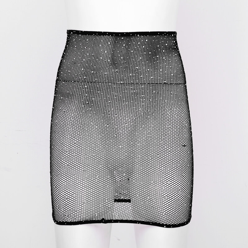 Женская Блестящая облегающая мини-юбка Стразы, прозрачная сетчатая сексуальная юбка, Одежда для пляжа, танцевальный костюм, клубная одежда