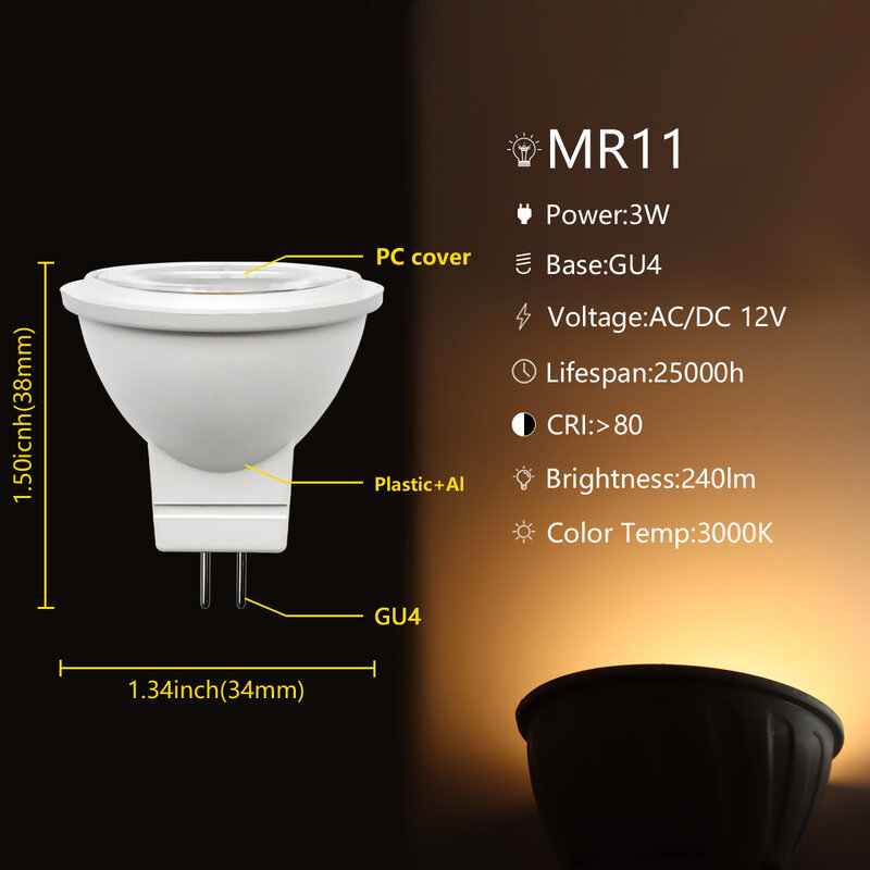 4-20PCS/LOT Energy Saving Spot Foco MR11 GU4 AC DC 12V Warm White  LED Light Lamp For Home Decortion Replace 20W 25W HalogenLamp