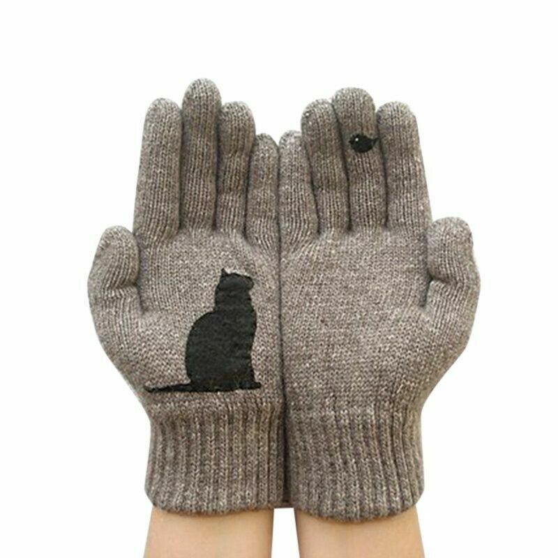Зимние варежки, трикотажные перчатки для мужчин и женщин, термоперчатки с принтом в виде милого кота и птицы для подростков, ветрозащитные искусственные мягкие перчатки, новинка 2023