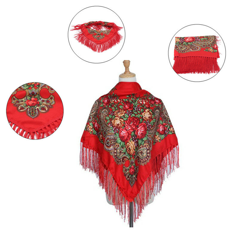Chal de algodón con estampado Retro para mujer, bufanda con borlas de estilo étnico ruso, cálida para otoño e invierno