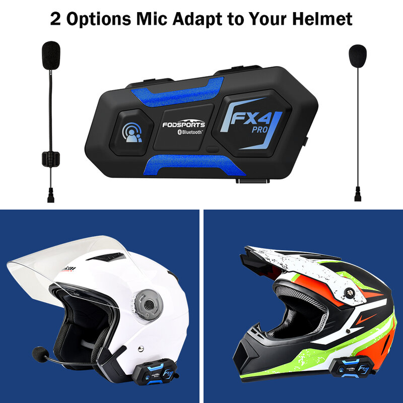 Fodsports 2 pezzi FX4 Pro Interfono da casco Casco da moto Auricolare Bluetooth Interphone 1000m Intercomunicador 4 motociclisti che parlano allo stesso tempo con la radio FM