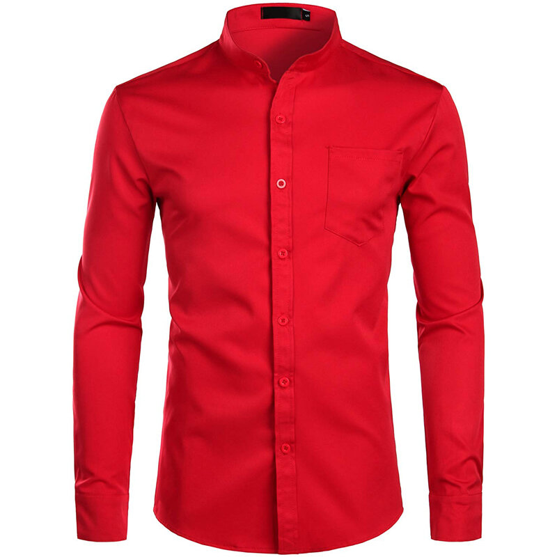 Men's Royal Blue Dress Shirts 2022 Brand Banded Mandarin Collar Shirt Male Long Sleeve Casual Button Down Shirt with Pocket 2XL