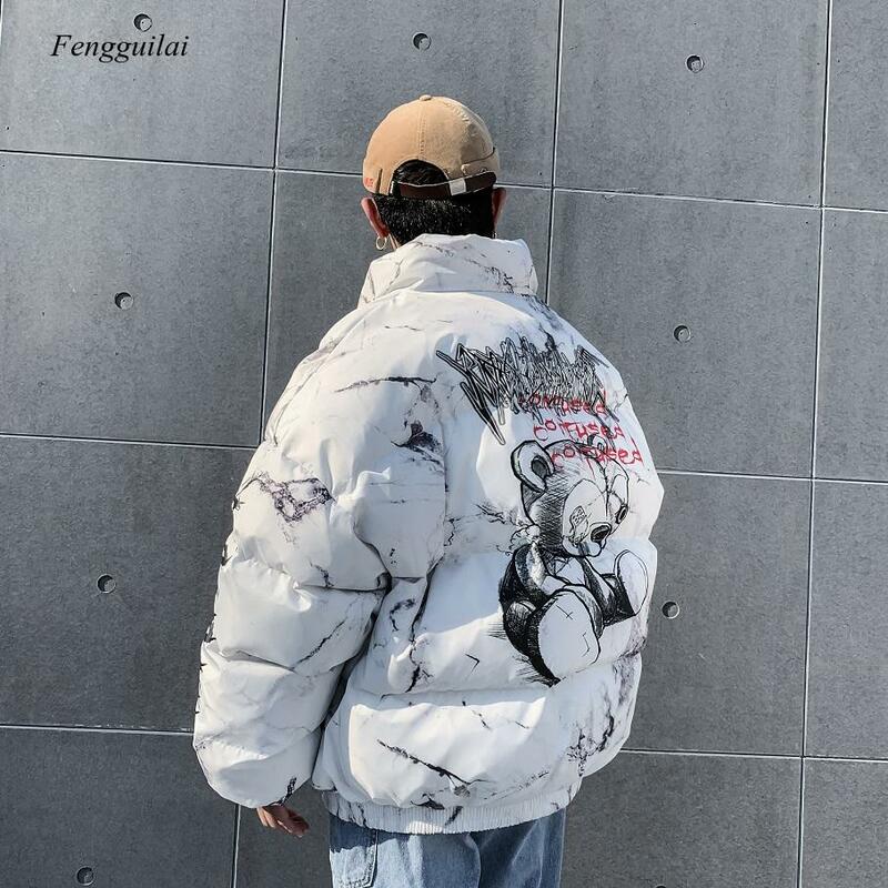 Męskie zimowe parki płaszcz 2020 hip-hopowe kieszenie grube kurtki mężczyźni moda Casual tekstury drukowanie Streetwear obszerna kurtka topy