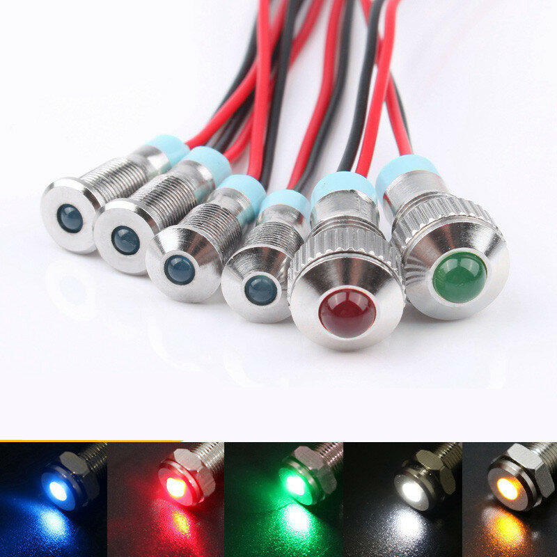 1 pz 6mm testa convessa LED indicatore luminoso in metallo 6mm lampada di segnalazione impermeabile 6V 12V 24V 220v con filo rosso giallo blu verde bianco