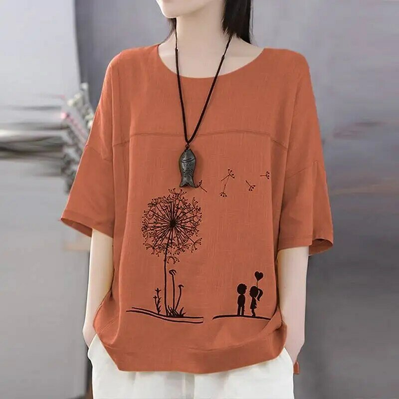 Women Cotton Linen Shirt Autumn Cartoon Printed Blouse Female O Neck 3/4 Sleeve Tunic Tops Chemise Loose Casual Blusas Mujer