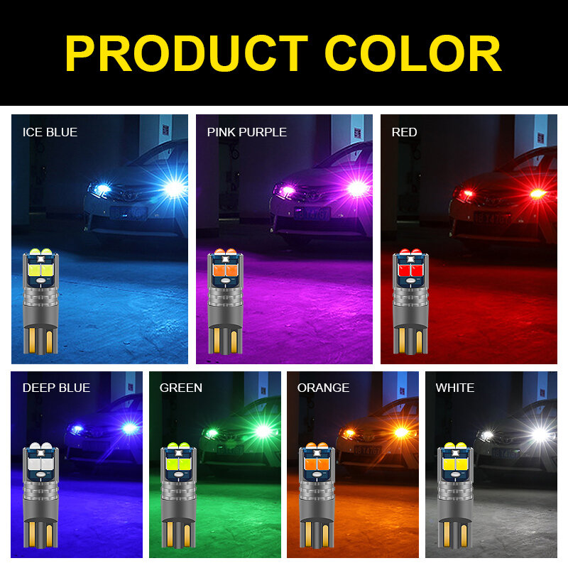 Bombillas LED T10 W5W 194 168 Canbus sin errores para coche, lámpara de 12V 6000K, luz de estacionamiento automática, blanco, rojo, amarillo y azul, 2 uds.