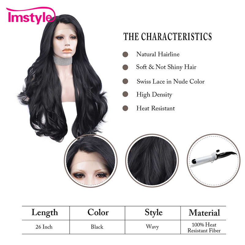 Imstyle-peruca preta sintética longa para mulheres, cabelo ondulado natural, fibra resistente ao calor, frente de renda, perucas macias sem cola