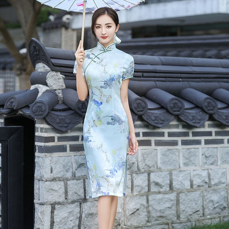 여성용 전통 치파오 패션 반팔 빈티지 드레스 의상, 슬림 드레스, M ~ 5XL, 여름