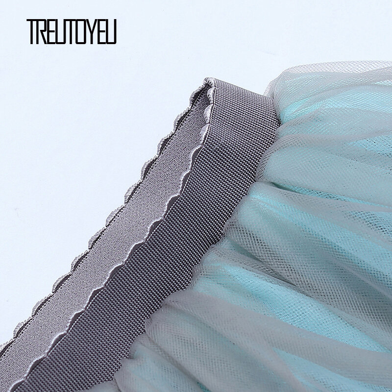 Treutoyeu 여성용 빈티지 미디 투투 얇은 명주 그물 스커트, 섹시한 펑크 플리츠 스커트, 회색 + 하늘색, 6 레이어 디자인, 팔다 무제 모다 2020