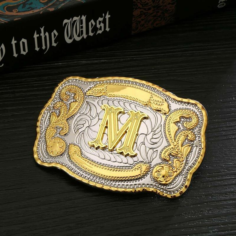 Hebilla de cinturón occidental dorada rectangular personalizada letras iniciales ABCDMRJ a Z Cowboy Rodeo pequeñas hebillas de cinturón doradas para hombres y mujeres