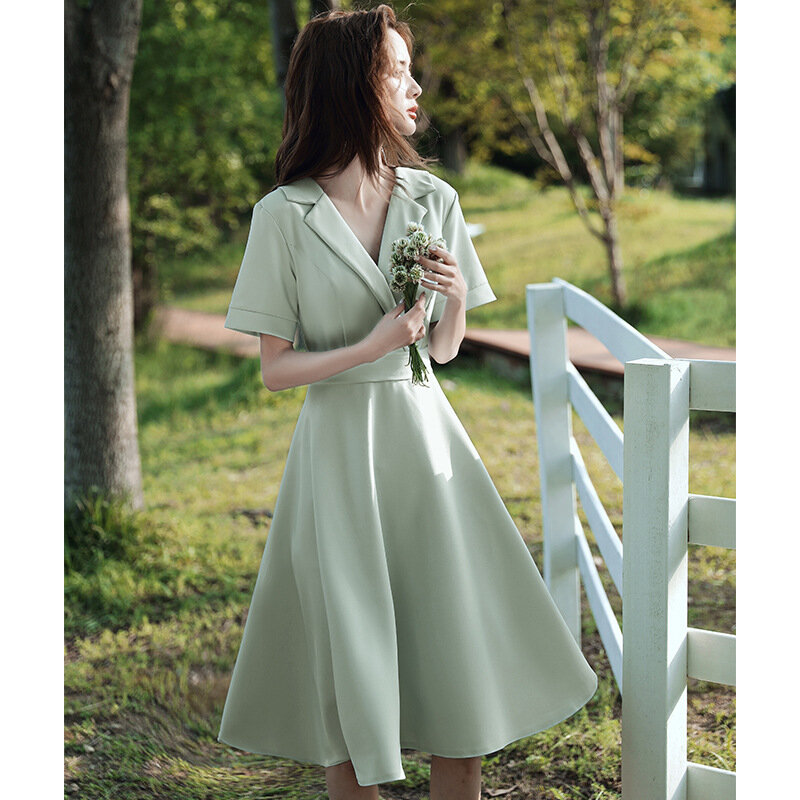 프랑스 스타일 V 넥 짧은 소매 연회 드레스 여성용, 우아하고 심플한 녹색 파티 가운