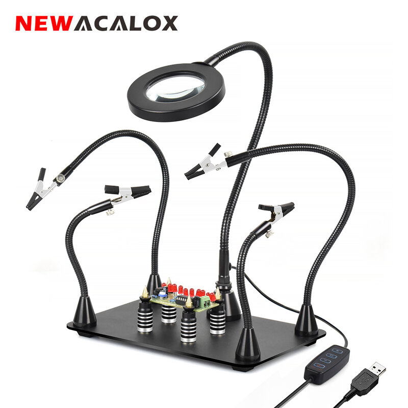 Newacalox suporte da placa de circuito pcb magnético braço flexível de solda terceira mão estação de solda de ferro de solda stand ferramentas de reparação