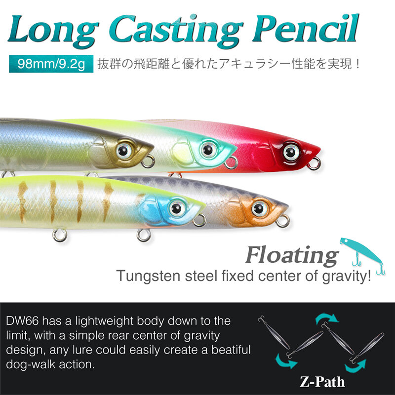 TSURINOYA 98F ลอยดินสอ DW66 98มม.9.2G Long Casting ทังสเตนเหล็กแรงโน้มถ่วงตกปลาด้านบน bass Hard เหยื่อ