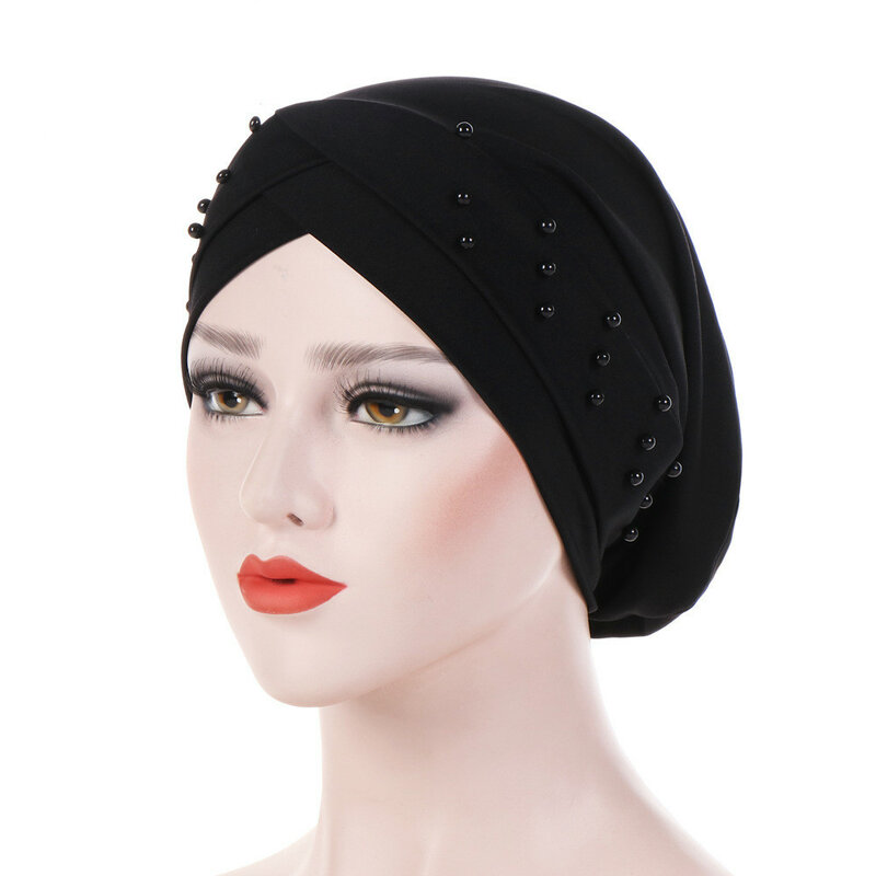 Touca feminina elástica hijab islâmica, chapéu turbante com contas de quimioterapia