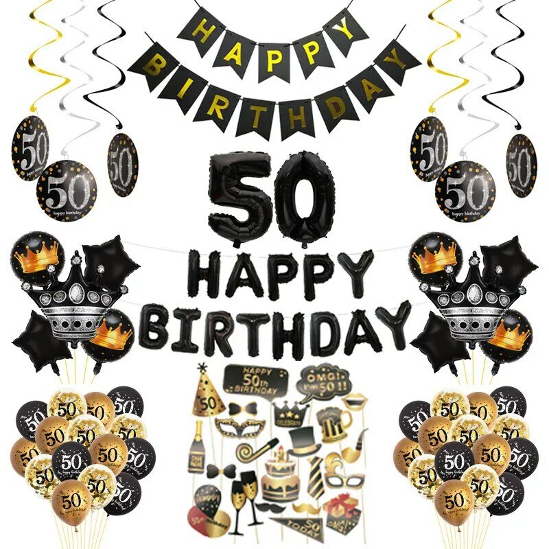 Ballons numérotés pour adultes, bannière d'anniversaire, accessoires de photomaton, fournitures de décoration pour hommes et femmes, fête du 50e anniversaire, 50 ans