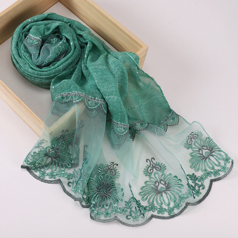 Pañuelo largo para mujer musulmana, Hijab de viscosa, chal de lentejuelas, malla delicada, bordado Floral, 185x85cm