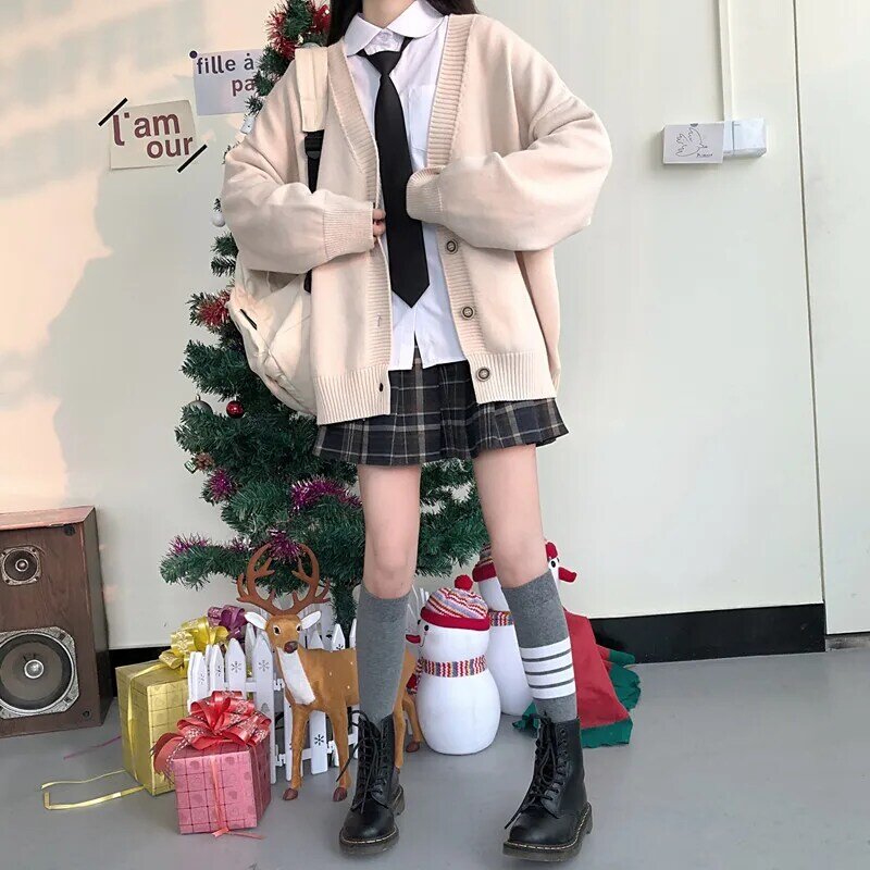 Cárdigan holgado con cuello en V para mujer, suéter de moda japonesa, ropa exterior jk, abrigo de uniforme escolar japonés, 2022
