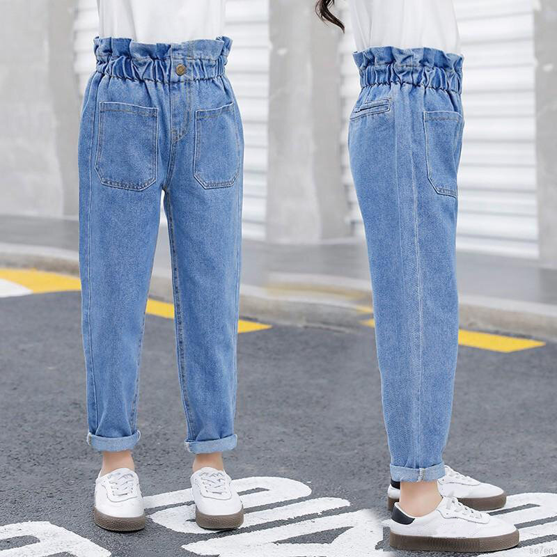 Primavera estate ragazze Jeans a vita alta blu Slim Fit materiale Denim per ragazze pantaloni pantaloni adolescenti vestiti per ragazze 12 y