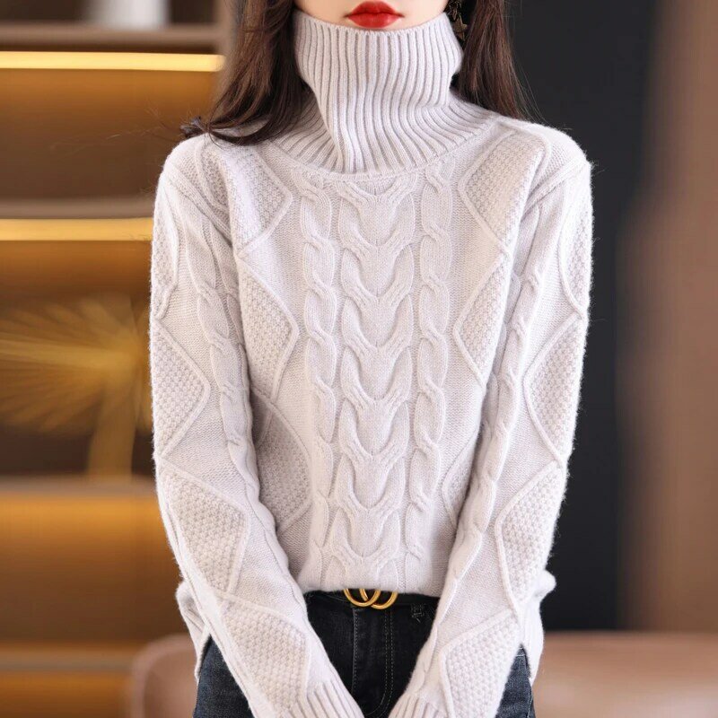 2021秋と冬の新カシミヤセーター女性のネックツイスト肥厚怠惰なスタイルプルオーバーニットセーター100純粋なウール